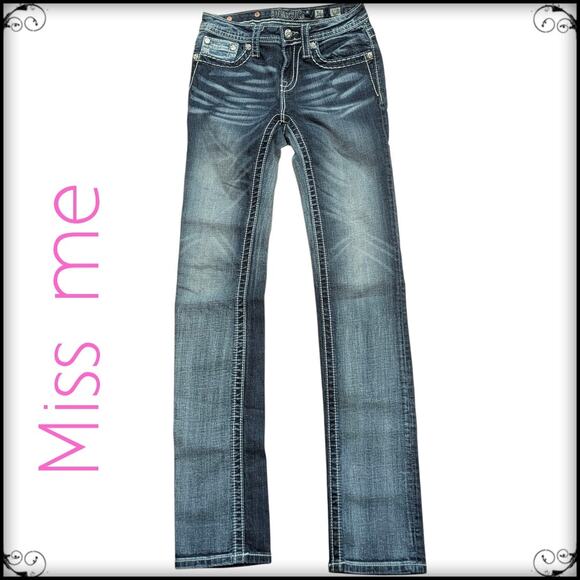 MISS ME Skinny Jeans Bedazzled Cross, Beads & Rhinestones Back Pockets Women 26 - Picture 3 of 9